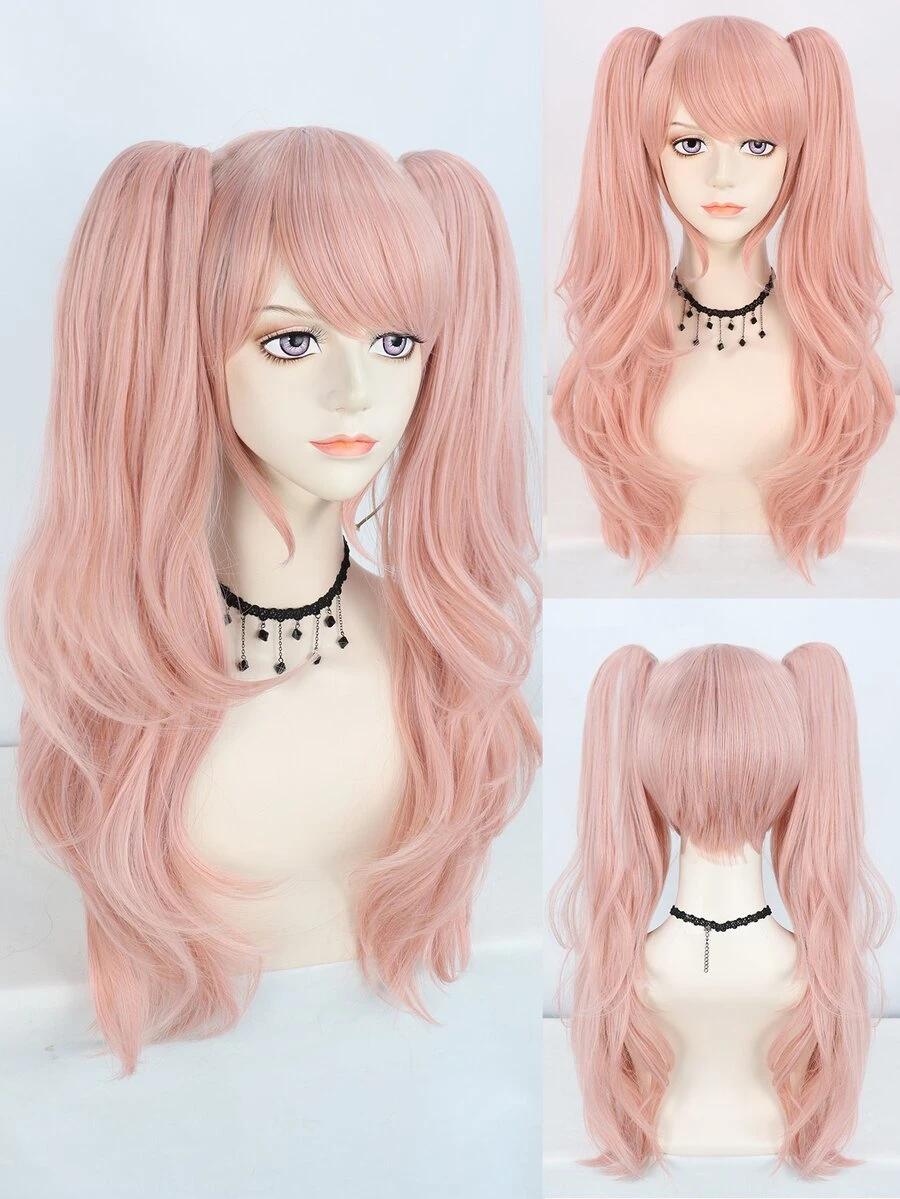 萝莉塔长卷夹式假马尾角色扮演假发,复古长发粉色波浪卷带刘海,适用于甜美可爱女孩,高密度合成无胶防热纤维头发学校万圣节感恩节圣诞节服装配件和1个假发帽