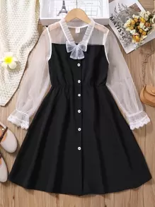 SHEIN Girls Contrast Mesh Flounce Sleeve Dress - Black and White - View 1
