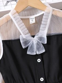 SHEIN Girls Contrast Mesh Flounce Sleeve Dress - Black and White - View 3