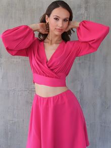 Conjunto falda con top unicolor cruzado con nudo trasero - Rosa Fucsia - Ver 7