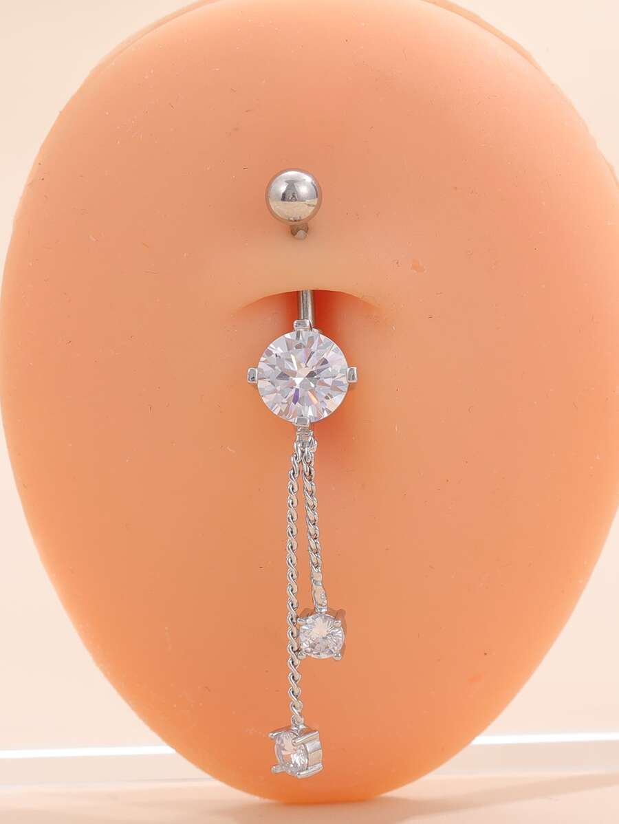 1pc Perfect Piercing Cubic Zirconia Decor Navel Belly Ring Stainless Steel For Women & Men No Piercing Needed Septum Body Jewelry, Stainless Steel Jewelry - Silver - View 1