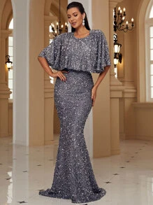 Missord Tie Backless Mermaid Hem Sequins Formal Dress - Dark Grey - View 1