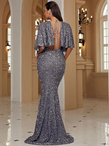 Missord Tie Backless Mermaid Hem Sequins Formal Dress - Dark Grey - View 2