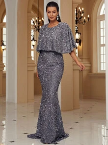 Missord Tie Backless Mermaid Hem Sequins Formal Dress - Dark Grey - View 3