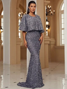 Missord Tie Backless Mermaid Hem Sequins Formal Dress - Dark Grey - View 4