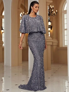 Missord Tie Backless Mermaid Hem Sequins Formal Dress - Dark Grey - View 5