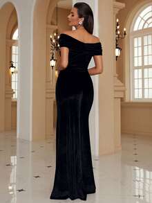 Missord Off Shoulder Split Thigh Velvet Dress Black Elegant Formal Evening Prom Wedding Guest Gown, For Graduation, Dinner