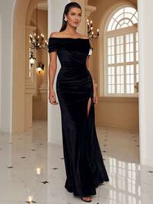 Missord Off Shoulder Split Thigh Velvet Dress Black Elegant Formal Evening Prom Wedding Guest Gown, For Graduation, Dinner