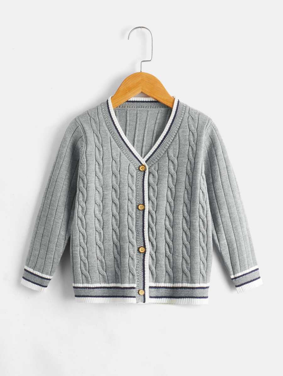 男童撞色饰边粗针织开衫 - 淺灰色 - 查看 1