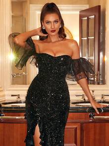 Missord Vestido de fiesta de hombros descubiertos bajo sirena con lentejuelas - Negro - Ver 6