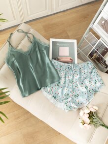 花卉印花蕾丝细节系带缎面睡衣套装/睡衣套装 - 青碧色 - 查看 1