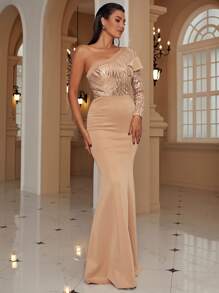 Missord 單肩亮片舞會連衣裙 - 杏色 - 查看 4