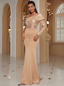 Missord 單肩亮片舞會連衣裙 - 杏色 - 查看 6