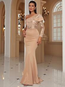 Missord 單肩亮片舞會連衣裙 - 杏色 - 查看 7