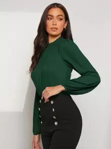 SHEIN Clasi 木耳邊領燈籠袖上衣 - 墨綠色 - 查看 2