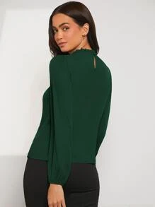 SHEIN Clasi 木耳邊領燈籠袖上衣 - 墨綠色 - 查看 3
