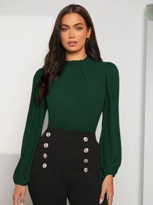 SHEIN Clasi 木耳邊領燈籠袖上衣 - 墨綠色 - 查看 5