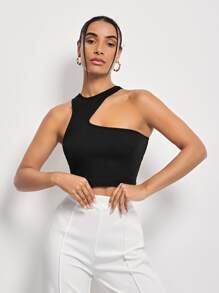 SHEIN ICON Asymmetrical Shoulder Crop Top, Going Out Top - Black - View 2