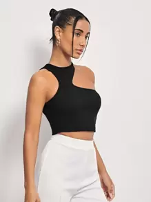 SHEIN ICON Asymmetrical Shoulder Crop Top, Going Out Top - Black - View 4