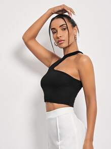 SHEIN ICON Asymmetrical Shoulder Crop Top, Going Out Top - Black - View 5