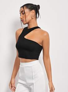SHEIN ICON Asymmetrical Shoulder Crop Top, Going Out Top - Black - View 6