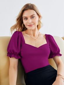 SHEIN Privé Recycled Polyester Ruffle Cuff Puff Sleeve Solid Top - Purple - View 1