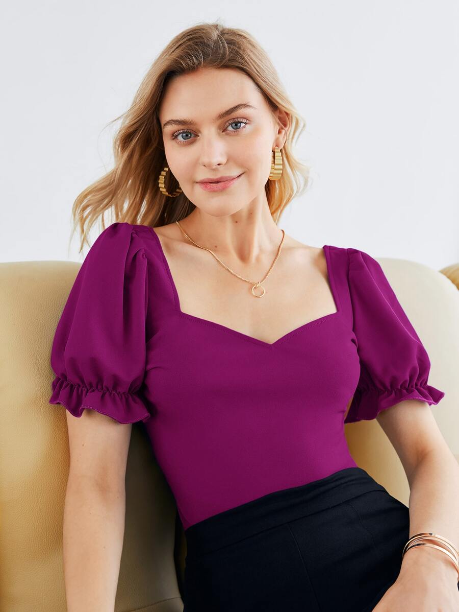 SHEIN Privé Recycled Polyester Ruffle Cuff Puff Sleeve Solid Top - Purple - View 1