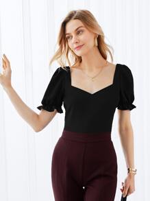 SHEIN Privé Recycled Polyester Ruffle Cuff Puff Sleeve Solid Top - Black - View 4