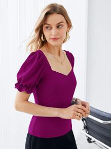 SHEIN Privé Recycled Polyester Ruffle Cuff Puff Sleeve Solid Top - Purple - View 5