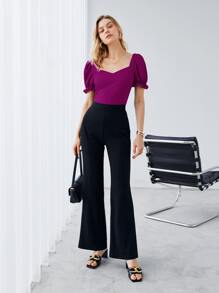 SHEIN Privé Recycled Polyester Ruffle Cuff Puff Sleeve Solid Top - Purple - View 6