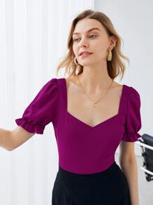SHEIN Privé Recycled Polyester Ruffle Cuff Puff Sleeve Solid Top - Purple - View 7