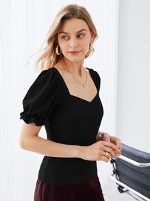 SHEIN Privé Recycled Polyester Ruffle Cuff Puff Sleeve Solid Top - Black - View 6