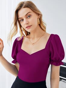 SHEIN Privé Recycled Polyester Ruffle Cuff Puff Sleeve Solid Top - Purple - View 8