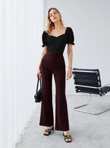 SHEIN Privé Recycled Polyester Ruffle Cuff Puff Sleeve Solid Top - Black - View 7