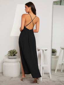 SHEIN Belle Solid Color Spaghetti Strap High Slit Dress Black Elegant Formal Evening Prom Wedding Guest Gown, For Graduation, Dinner Party Dress