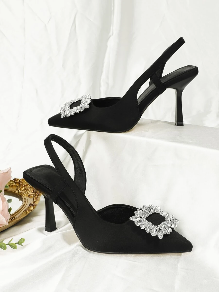 SVRM Fall/Winter 2025 Fashionable Women's Black High Heel Pointed Toe Bowknot Rhinestone Decor Sandals Valentines,Elegant,Women Pumps,Elegant,Kitten Heels,Party Outfits