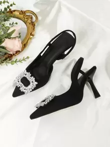 SVRM Fall/Winter 2025 Fashionable Women's Black High Heel Pointed Toe Bowknot Rhinestone Decor Sandals Valentines,Elegant,Women Pumps,Elegant,Kitten Heels,Party Outfits - Black - View 3