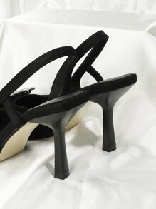 SVRM Fall/Winter 2025 Fashionable Women's Black High Heel Pointed Toe Bowknot Rhinestone Decor Sandals Valentines,Elegant,Women Pumps,Elegant,Kitten Heels,Party Outfits - Black - View 5