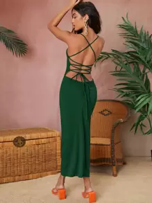 SHEIN BAE Đầm Lộ Lưng Ren lên Xù Tách cao màu trơn Gợi cảm - Màu xanh lá cây đậm - Xem 2