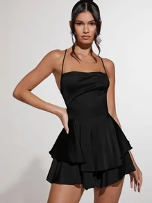 SHEIN BAE Áo liền quần nữ Lộ Lưng Hội Chữ thập Vắt Ren lên phân lớp màu trơn Gợi cảm - màu đen - Xem 2