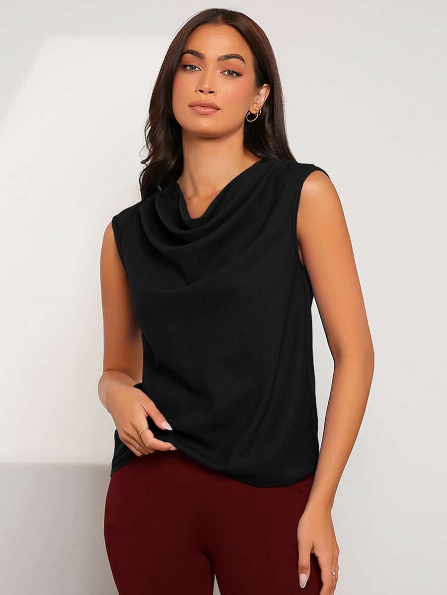 SHEIN Privé Draped Collar Solid Sleeveless Blouse - Black - View 1