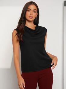 SHEIN Privé Draped Collar Solid Sleeveless Blouse - Black - View 5