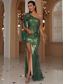 Missord One Shoulder Split Thigh Sequins Formal Dress - Green - View 1