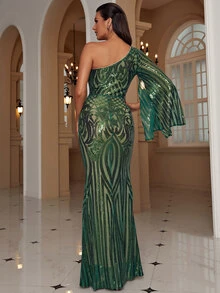 Missord One Shoulder Split Thigh Sequins Formal Dress - Green - View 2