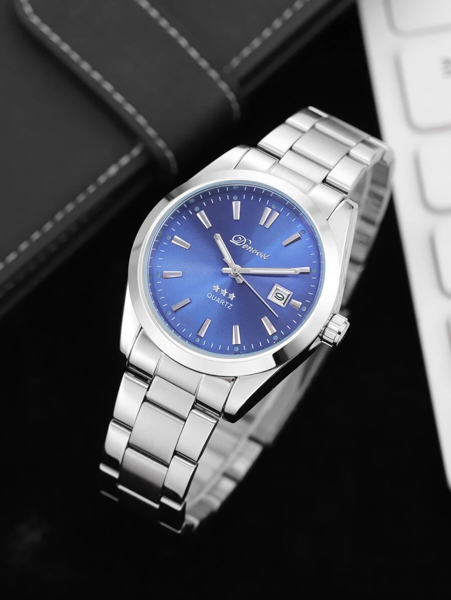 Men Round Pointer Date Quartz Watch - Silver - View 1