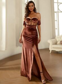 Missord Off Shoulder Mesh Insert Split Thigh Formal Dress - Coffee Brown - View 5