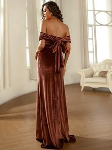 Missord Off Shoulder Mesh Insert Split Thigh Formal Dress - Coffee Brown - View 2