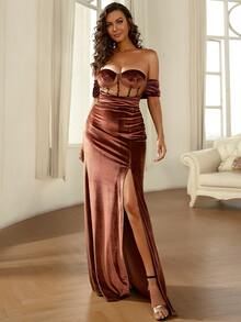 Missord Off Shoulder Mesh Insert Split Thigh Formal Dress - Coffee Brown - View 6