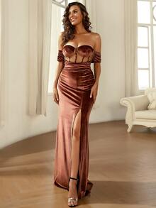 Missord Off Shoulder Mesh Insert Split Thigh Formal Dress - Coffee Brown - View 7