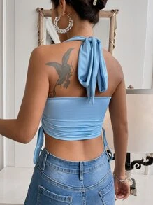 SHEIN SXY Áo hai dây Dây kéo Buộc lại màu trơn Gợi cảm - Màu xanh nhạt - Xem 2